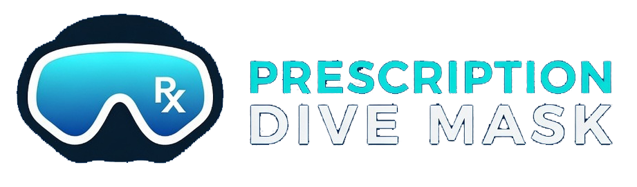 Prescription Dive Mask logo featuring a blue scuba diving mask with an Rx prescription symbol and the words "Prescription Dive Mask" in blue lettering.